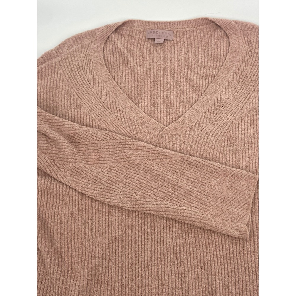 Barefoot Dreams CozyChic Ultra Lite V Neck‎ Ribbed Knit Sweater Rose Size Large